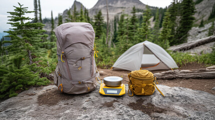Mountain camping setup with backpack cooking gear and tent in wilderness