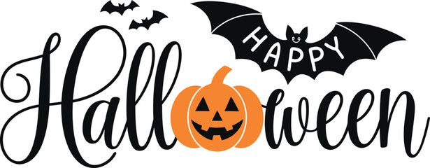 Happy Halloween Festive Pumpkin Bats Calligraphy Spooky Art