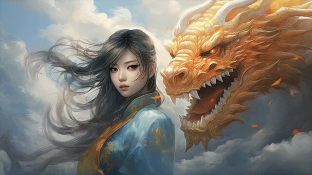 Chinese girl with dragon in painting style
