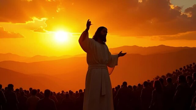 Jesus delivers a powerful sermon to a captivated crowd as the sun sets in a breathtaking display of color and light