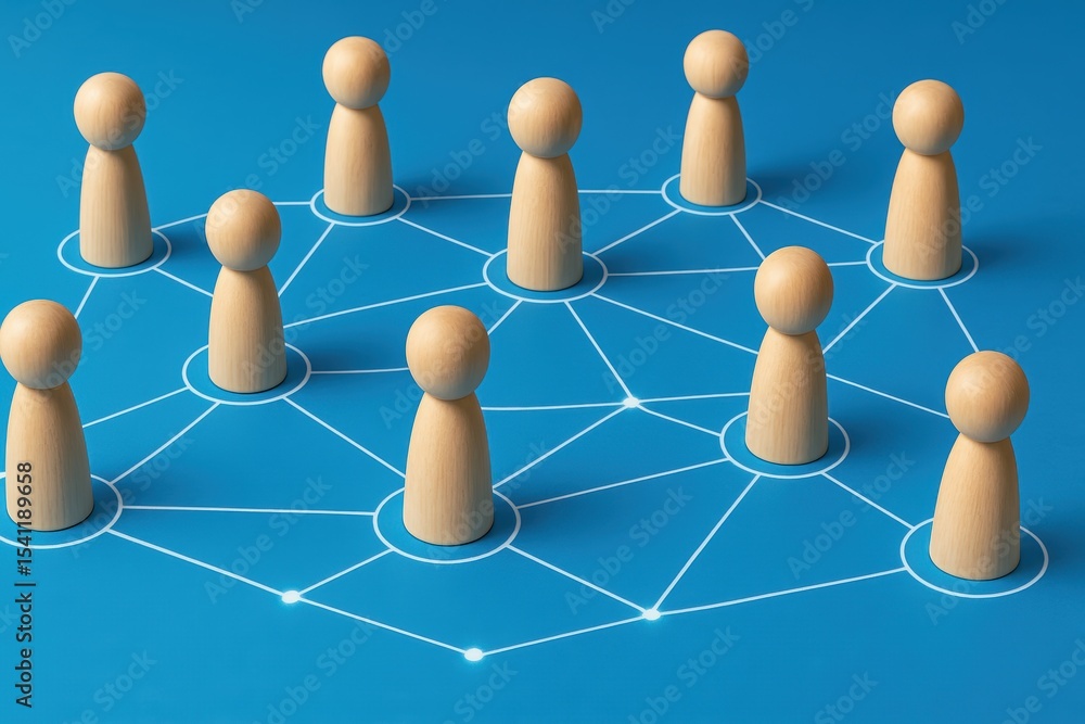 Aufkleber wooden figures connected by lines representing network and communication in digital space