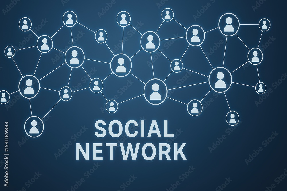Aufkleber conceptual illustration of social network connections with abstract user icons and text