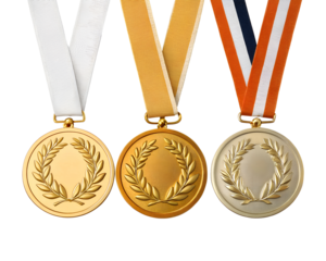 three gold medals with unique ribbon and embossed design