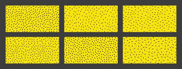Set of Seamless pattern with Small Dashes. Various dots and doodle lines. Repeated black spots on yellow background. Simple Vector Illustration.
