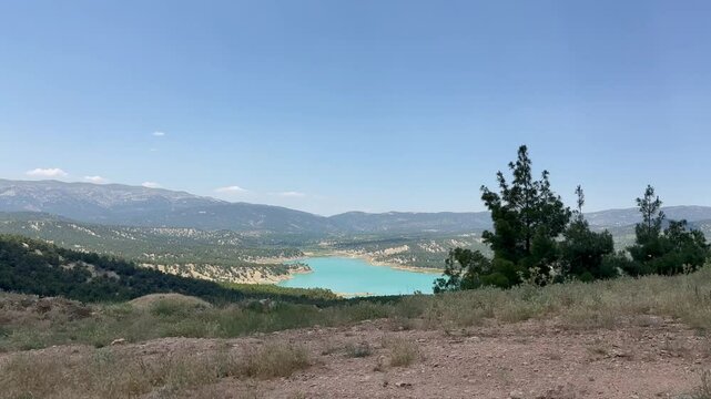 Dreamy aerial view of Korkuteli's hidden lake &mdash; a perfect spot for wanderlust, relaxation. Water reservoir, mountain lake