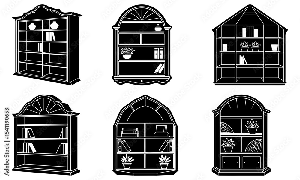 Poster collection of six unique bookcase designs featuring various shapes and storage configurations shown 