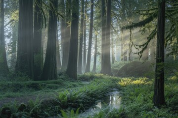 Fototapeta premium Majestic redwood forest scene with sunlight streaming through the trees creating a serene atmosphere in a misty morning