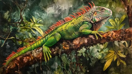 Vibrant iguana portrait basking serenely on a weathered branch amidst lush foliage