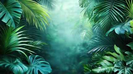 Lush tropical foliage creates a misty jungle scene.