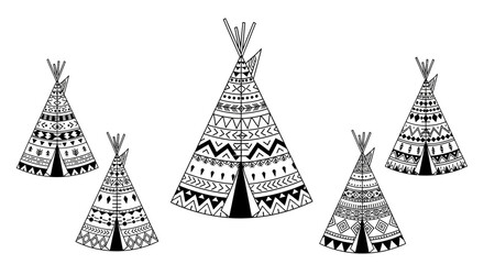 Detailed Black and White Teepees with Tribal Patterns and Designs © Pemburu