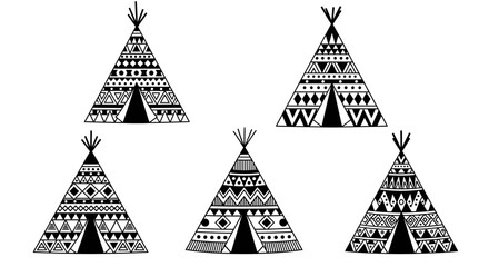 Five Ornate Teepees in Bold Black and White Design © Pemburu
