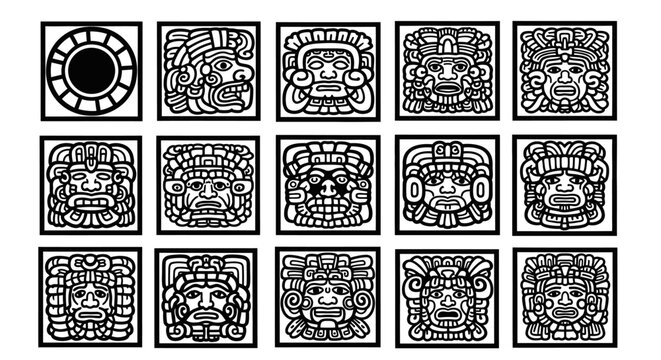 Fifteen Black and White Mayan Glyphs in Square Frames, Detailed Line Art