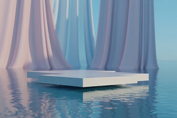 Minimalist abstract composition featuring a floating white podium on water with soft fabric drapes in pastel colors for product display or background.