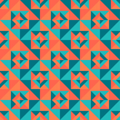 Seamless geometric pattern with colorful triangles and squares in retro style. Perfect for backgrounds, textiles, and wrapping paper.