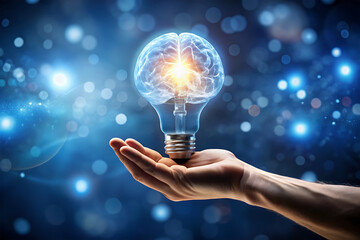 Hand holding Light bulb with glowing brain concept representing innovative ideas and creativity