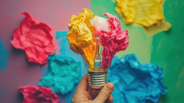 A hand holding a light bulb with crumpled paper inside, against a colorful background with crumpled paper scattered around. - Powered by Adobe