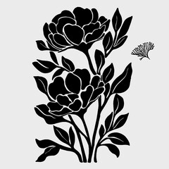 Silhouette floral illustration in black ink featuring blooming flowers and leaves on a branch. Minimalist vintage botanical design, ideal for tattoos, logos, decorative prints.