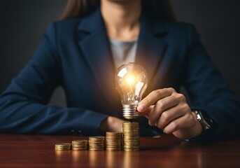 Woman entrepreneur holding a lightbulb over piles of coins, representing the idea of saving money through energy efficiency.