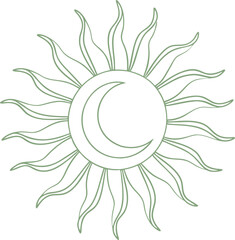 Minimal sun and moon line art with flowing rays in celestial style. Ideal for spiritual tattoos, astrology posters, and cosmic themed designs in modern vector format.