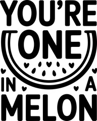 Minimal Black “You’re One in a Melon” Line Art with Watermelon Slice and Hearts