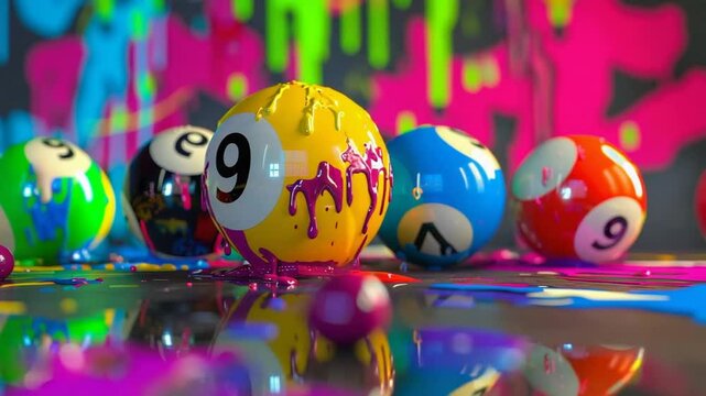 Colorful Paint Splattered Pool Balls.