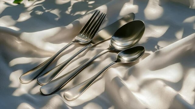 Elegant silverware set on silk, sunlit