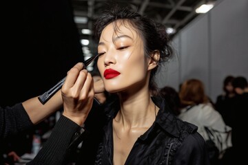 Model getting makeup applied backstage. A makeup artist adds eyeliner, enhancing her look for a fashion show, bright lipstick is on display.