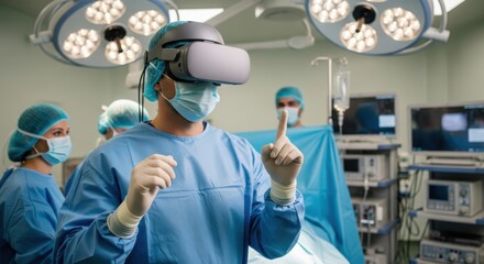 Surgeon using virtual reality headset in operating room