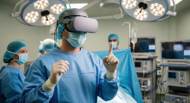 Surgeon using virtual reality headset in operating room