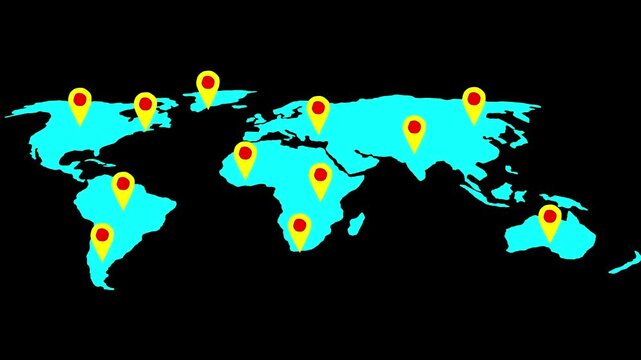 Colorful location icon on world map different information black background.motion graphics.