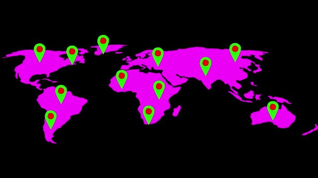 Colorful location icon on world map different information black background.motion graphics.