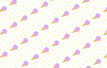 Vanilla, strawberry and chocolate flavored ice cream desert flat design seamless pattern illustration with assorted toppings cartoon doodle style for fabric, picture label, wallpaper, banner, poster.