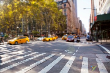 Flat design is showing yellow taxis waiting at busy crosswalk beside leafy trees with scaffolding