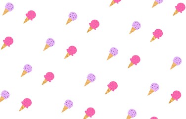 Vanilla, strawberry and chocolate flavored ice cream desert flat design seamless pattern illustration with assorted toppings cartoon doodle style for fabric, picture label, wallpaper, banner, poster.