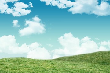 Flat design showing gently rolling green hills under bright turquoise sky dotted with white clouds