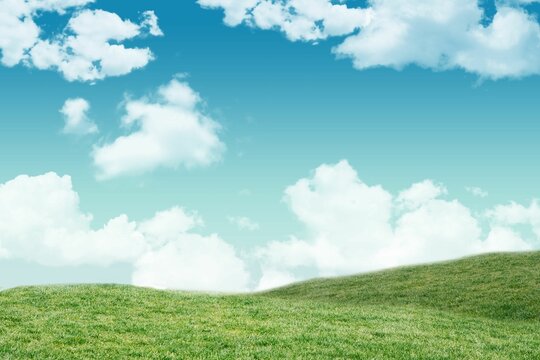 Fototapeta Flat design showing gently rolling green hills under bright turquoise sky dotted with white clouds