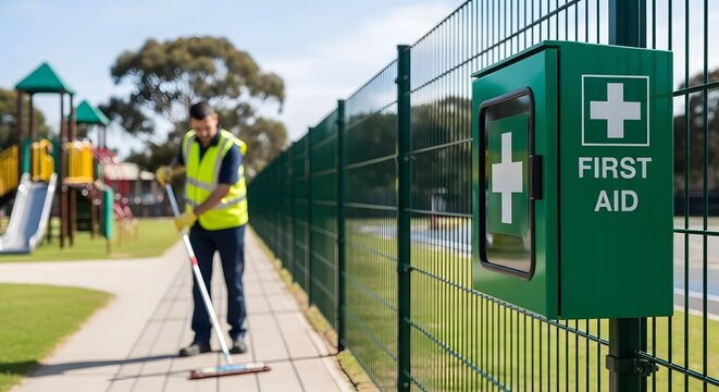 A park worker sweeps a pathway near a green first aid box mounted on a fence ensuring safety for children playing nearby on playground equipment.