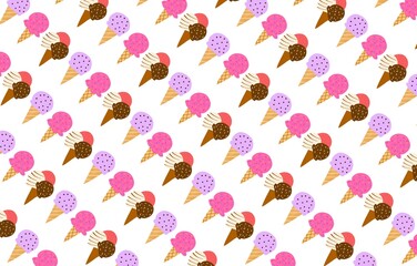 Vanilla, strawberry and chocolate flavored ice cream desert flat design seamless pattern illustration with assorted toppings cartoon doodle style for fabric, picture label, wallpaper, banner, poster.