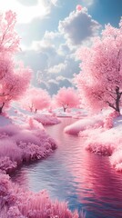Digital technology Pink field trees outdoor landscape illustration poster background