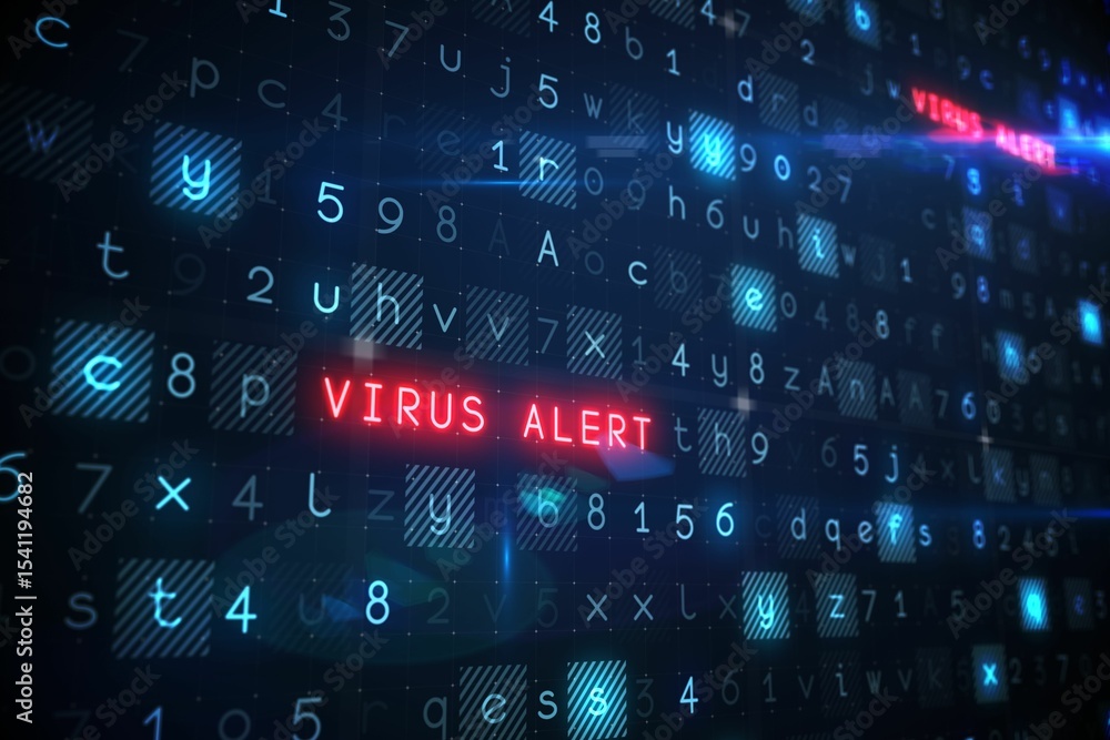 Poster Red VIRUS ALERT text is glowing in 3D digital interface with floating code, glowing grid squares
