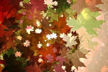 Fototapeta premium Abstract illustration is showing layered translucent maple leaf shapes glowing with autumn speckles