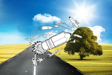 Fototapete Rund Drawn pencil rocket in front of countryside © vectorfusionart