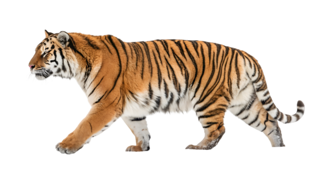 Beautiful siberian tiger walking wildlife animal predator feline nature bengal tiger carnivore zoo wildcat  isolated on transparent background