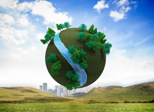 Fototapeta Futuristic earth floating in air