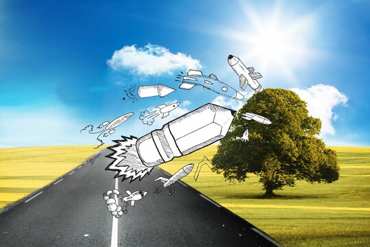 Fototapeta Drawn pencil rocket in front of countryside