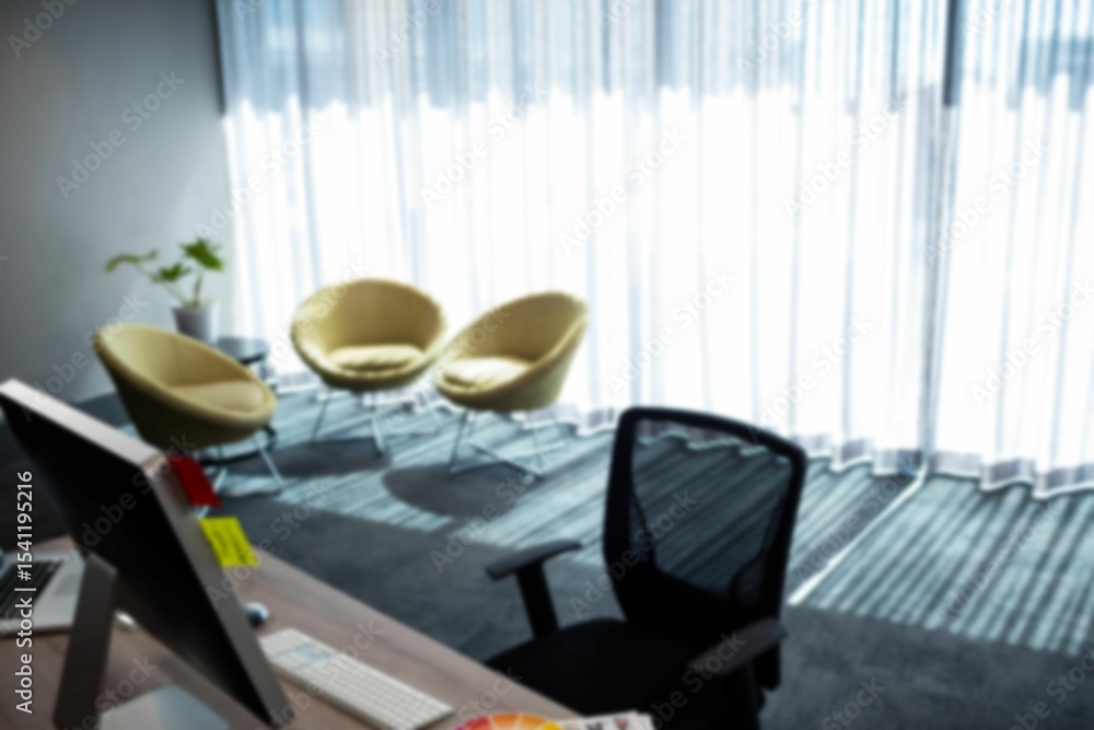 Poster digital composite image computer on table with empty chairs against curtains