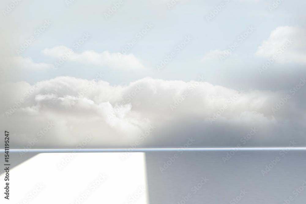 Poster bright rectangular light patch is reflecting on smooth grey floor under cloudy sky in flat design