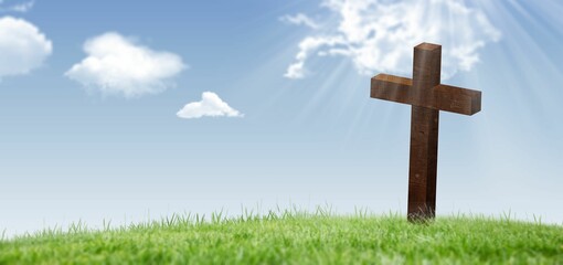 Flat design weathered wooden cross is standing on grassy hill under sky, sun rays piercing clouds