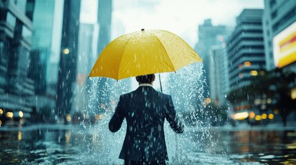 A man in a suit walking through a rain-soaked cityscape, holding a yellow umbrella, with buildings and lights in the background.