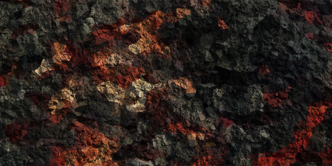 Mesmerizing view of a lava flow, red hot molten liquid streaming over black solid volcanic rocks, aerial directly above shot. Abstract, texture